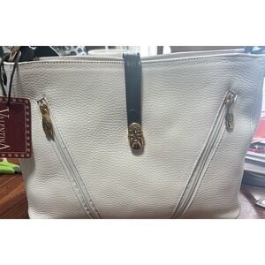 Valentina Made In Italy White Pebbled Leather Crossbody Tote Black Strap Gold HW